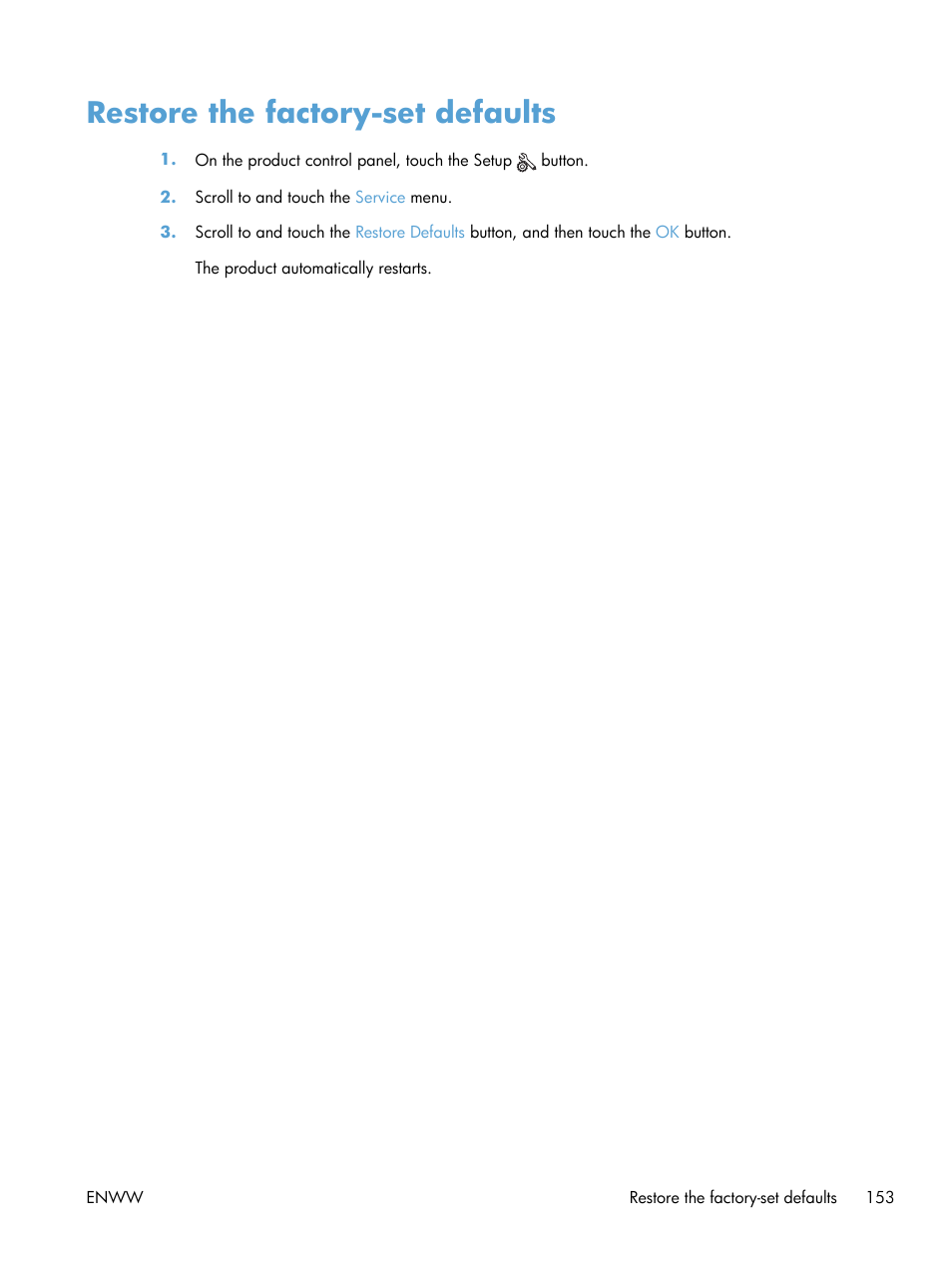 Restore the factory-set defaults | HP TopShot LaserJet Pro M275 MFP User Manual | Page 163 / 206