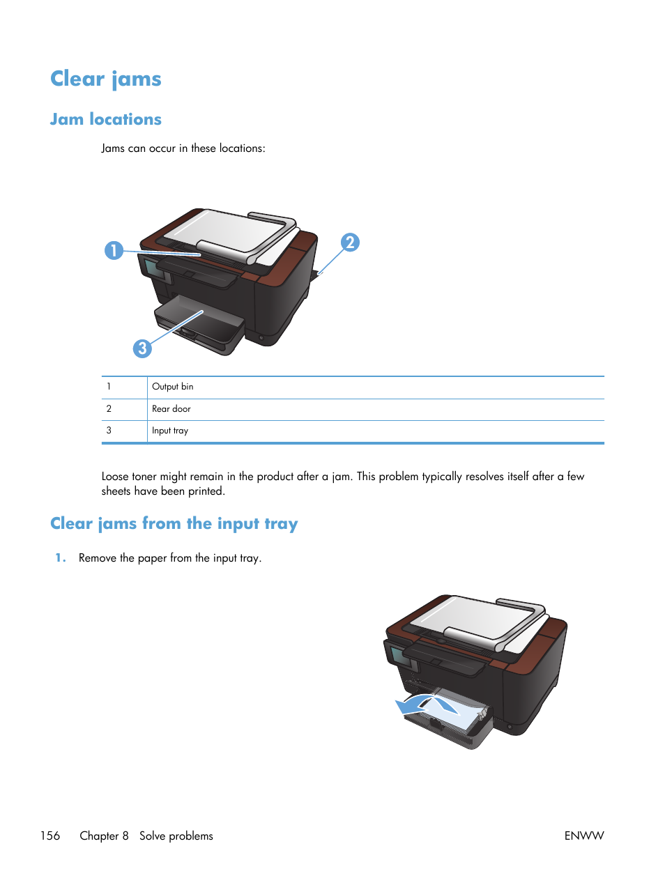 Clear jams, Jam locations, Clear jams from the input tray | Jam locations clear jams from the input tray | HP TopShot LaserJet Pro M275 MFP User Manual | Page 166 / 206