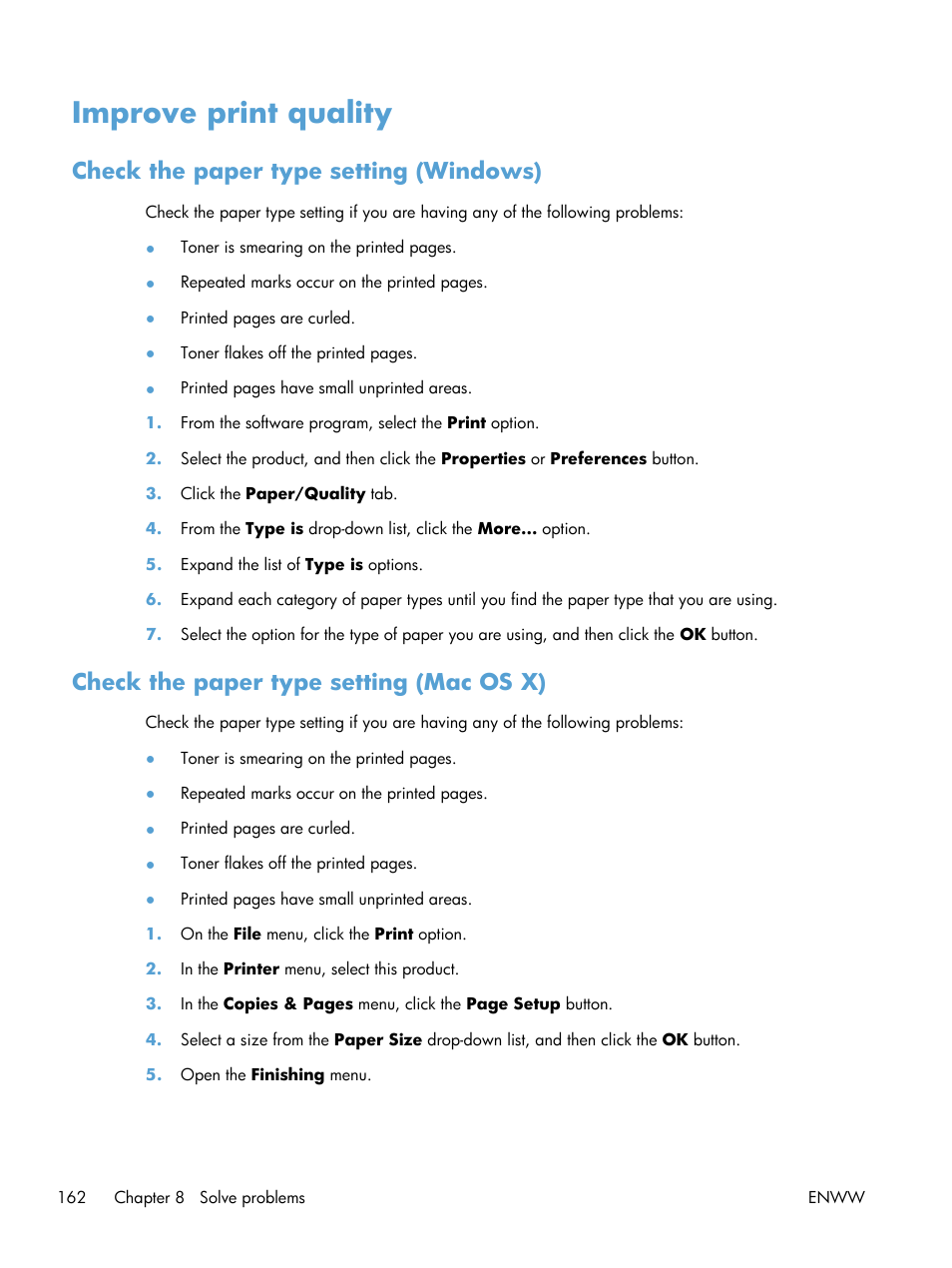 Improve print quality, Check the paper type setting (windows), Check the paper type setting (mac os x) | HP TopShot LaserJet Pro M275 MFP User Manual | Page 172 / 206