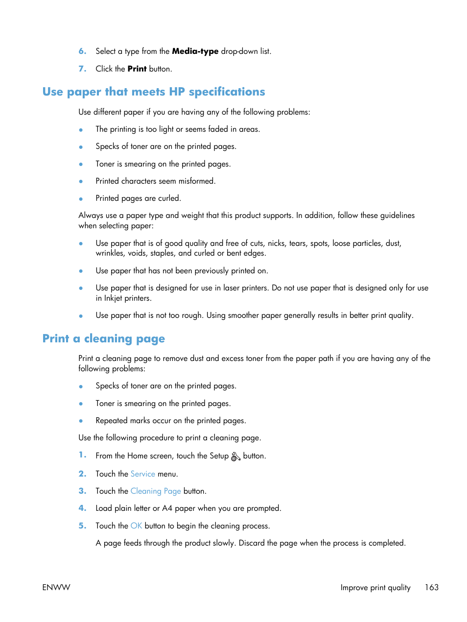 Use paper that meets hp specifications, Print a cleaning page | HP TopShot LaserJet Pro M275 MFP User Manual | Page 173 / 206