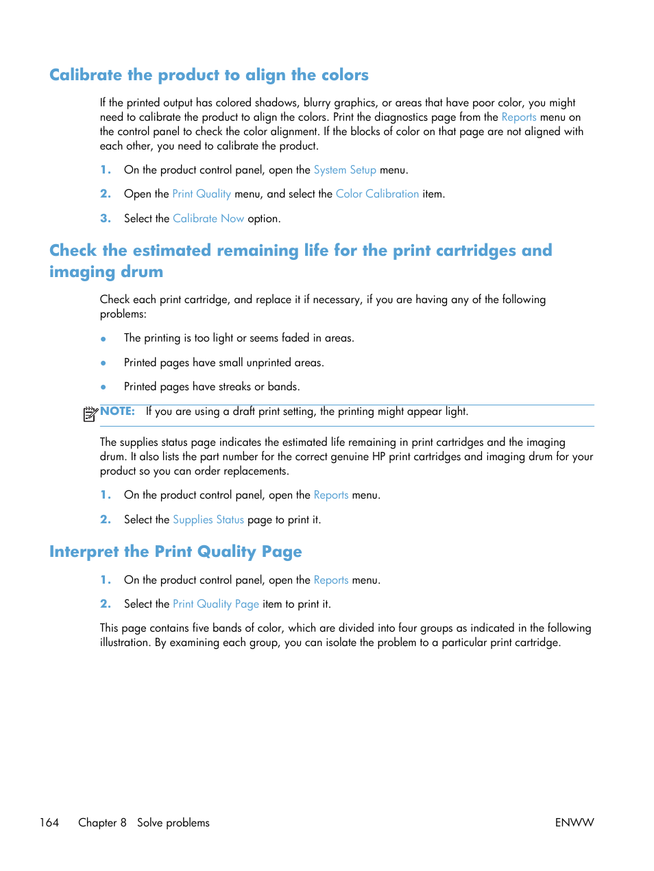 Calibrate the product to align the colors, Interpret the print quality page | HP TopShot LaserJet Pro M275 MFP User Manual | Page 174 / 206