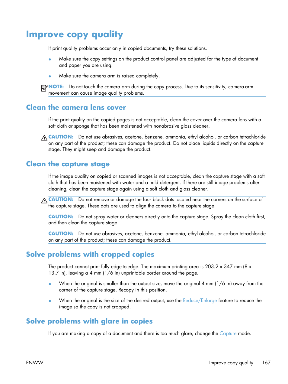 Improve copy quality, Clean the camera lens cover, Clean the capture stage | Solve problems with cropped copies, Solve problems with glare in copies | HP TopShot LaserJet Pro M275 MFP User Manual | Page 177 / 206