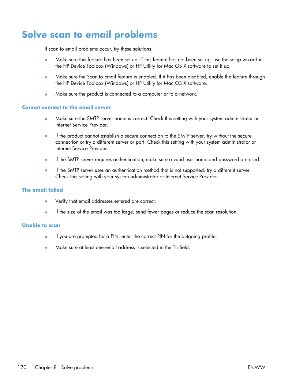 Solve scan to email problems | HP TopShot LaserJet Pro M275 MFP User Manual | Page 180 / 206