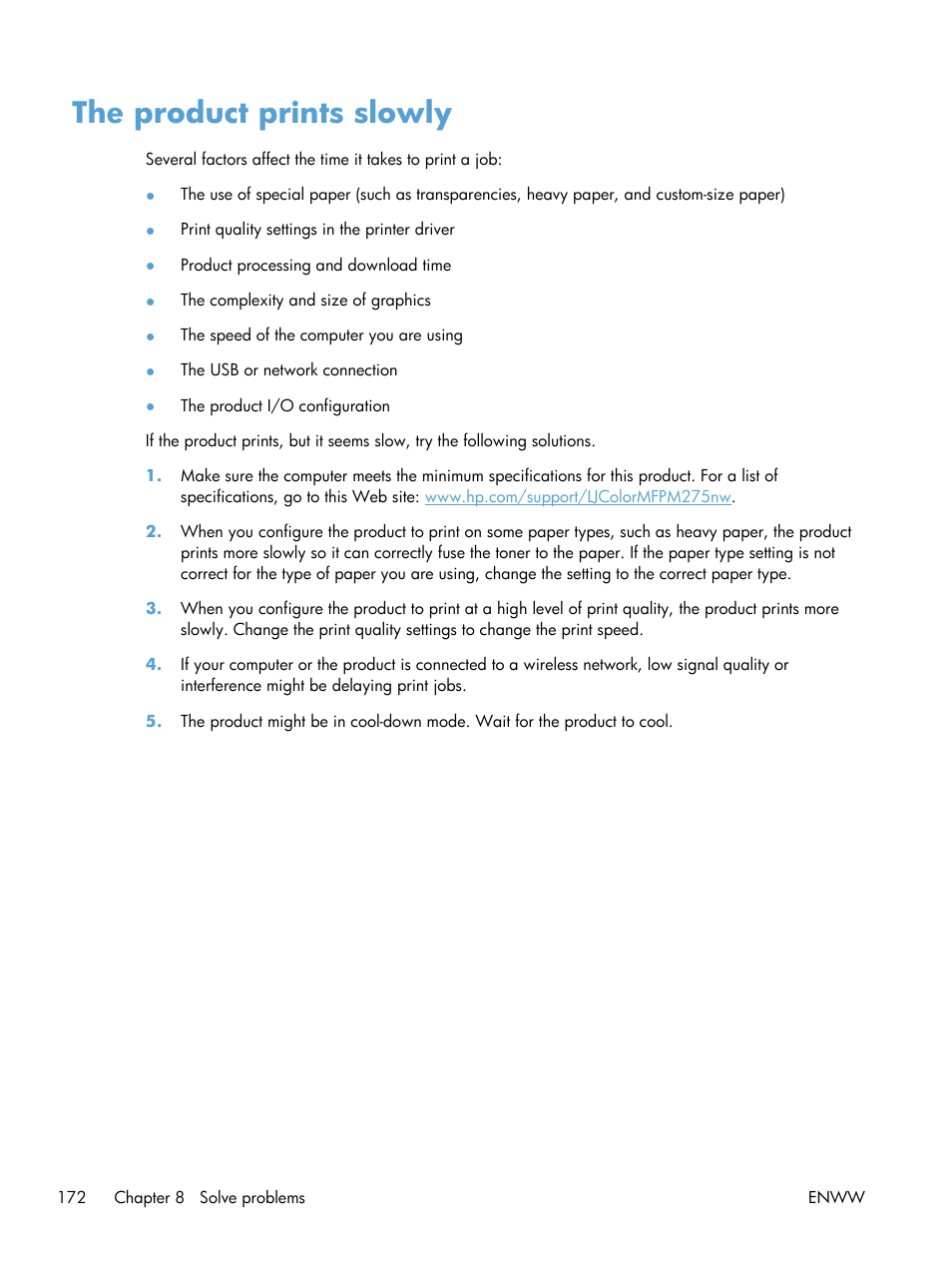 The product prints slowly | HP TopShot LaserJet Pro M275 MFP User Manual | Page 182 / 206