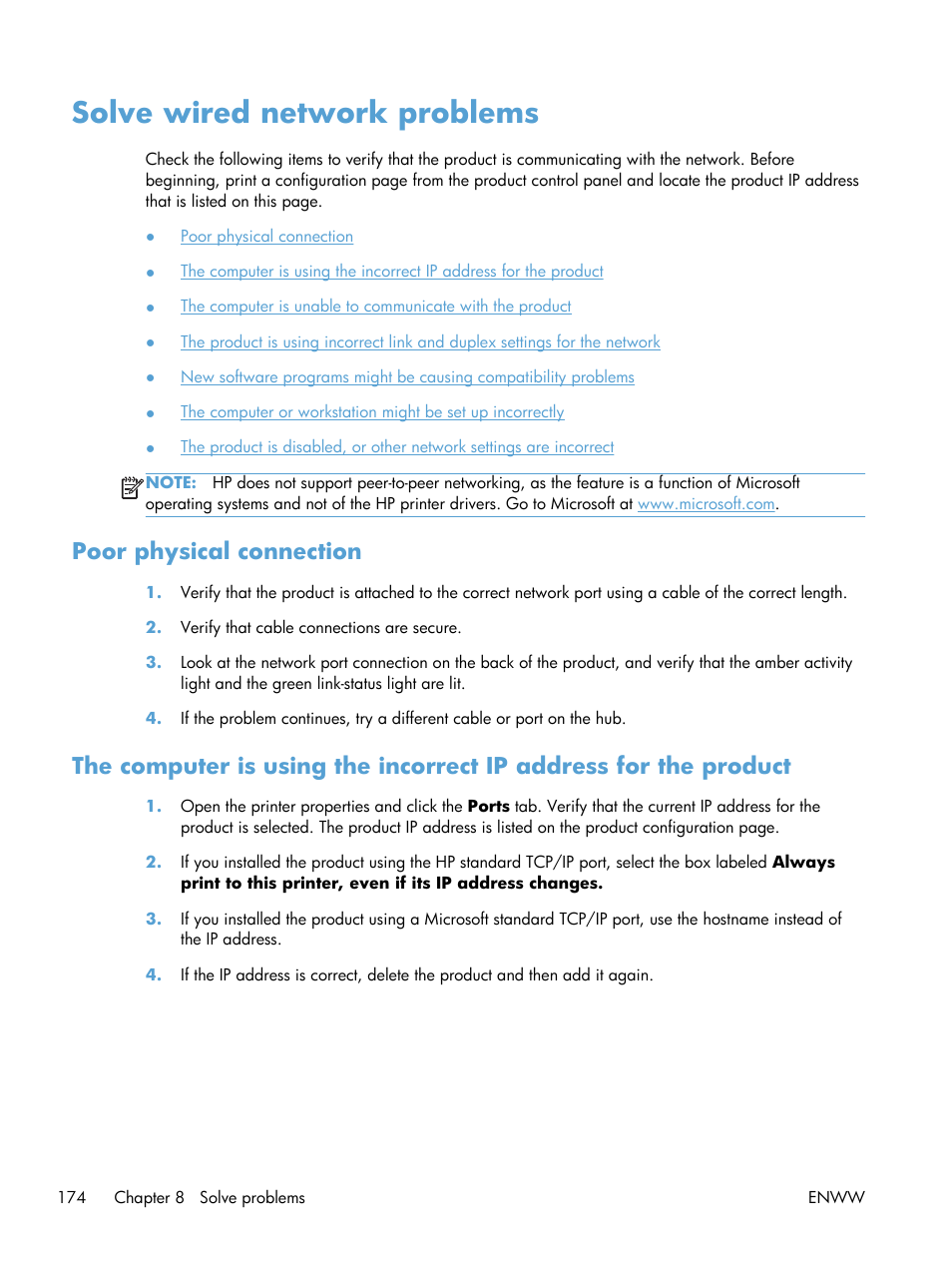 Solve wired network problems, Poor physical connection | HP TopShot LaserJet Pro M275 MFP User Manual | Page 184 / 206