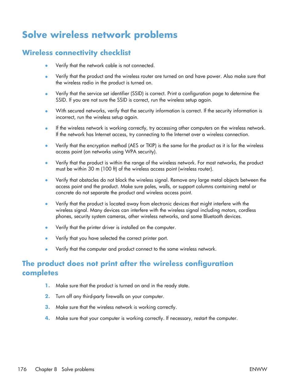 Solve wireless network problems, Wireless connectivity checklist | HP TopShot LaserJet Pro M275 MFP User Manual | Page 186 / 206