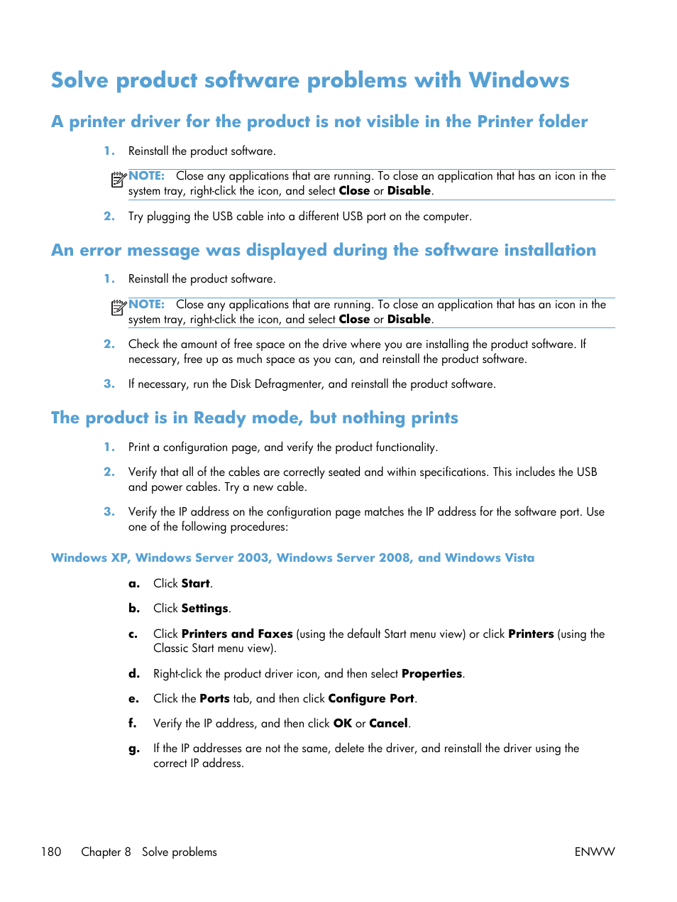 Solve product software problems with windows, The product is in ready mode, but nothing prints | HP TopShot LaserJet Pro M275 MFP User Manual | Page 190 / 206