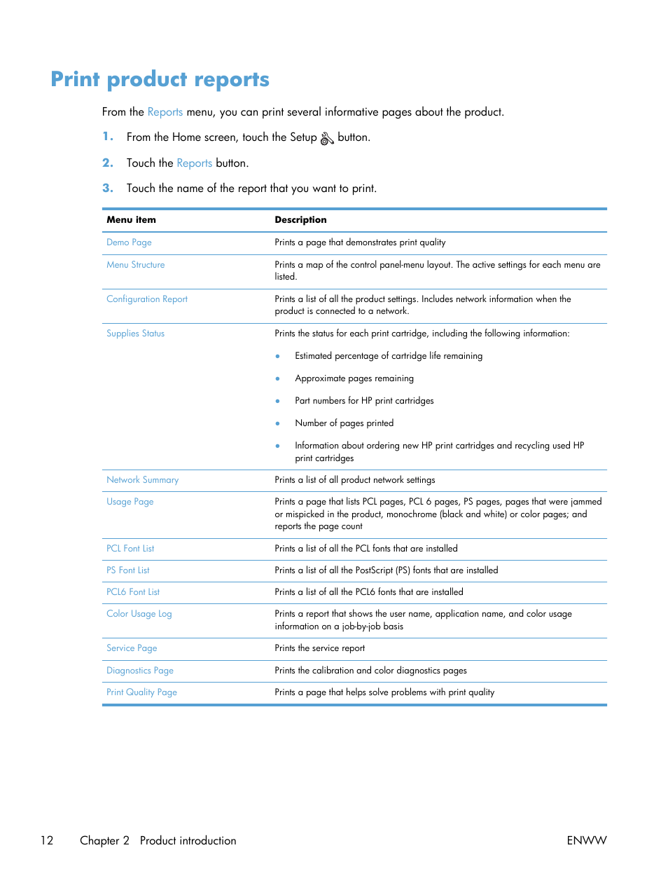 Print product reports | HP TopShot LaserJet Pro M275 MFP User Manual | Page 22 / 206