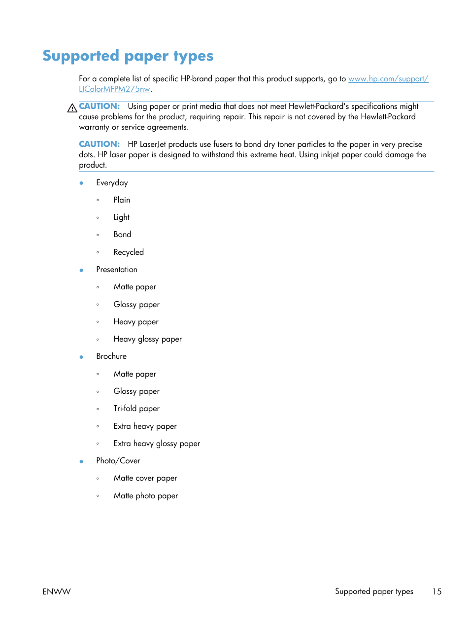 Supported paper types | HP TopShot LaserJet Pro M275 MFP User Manual | Page 25 / 206