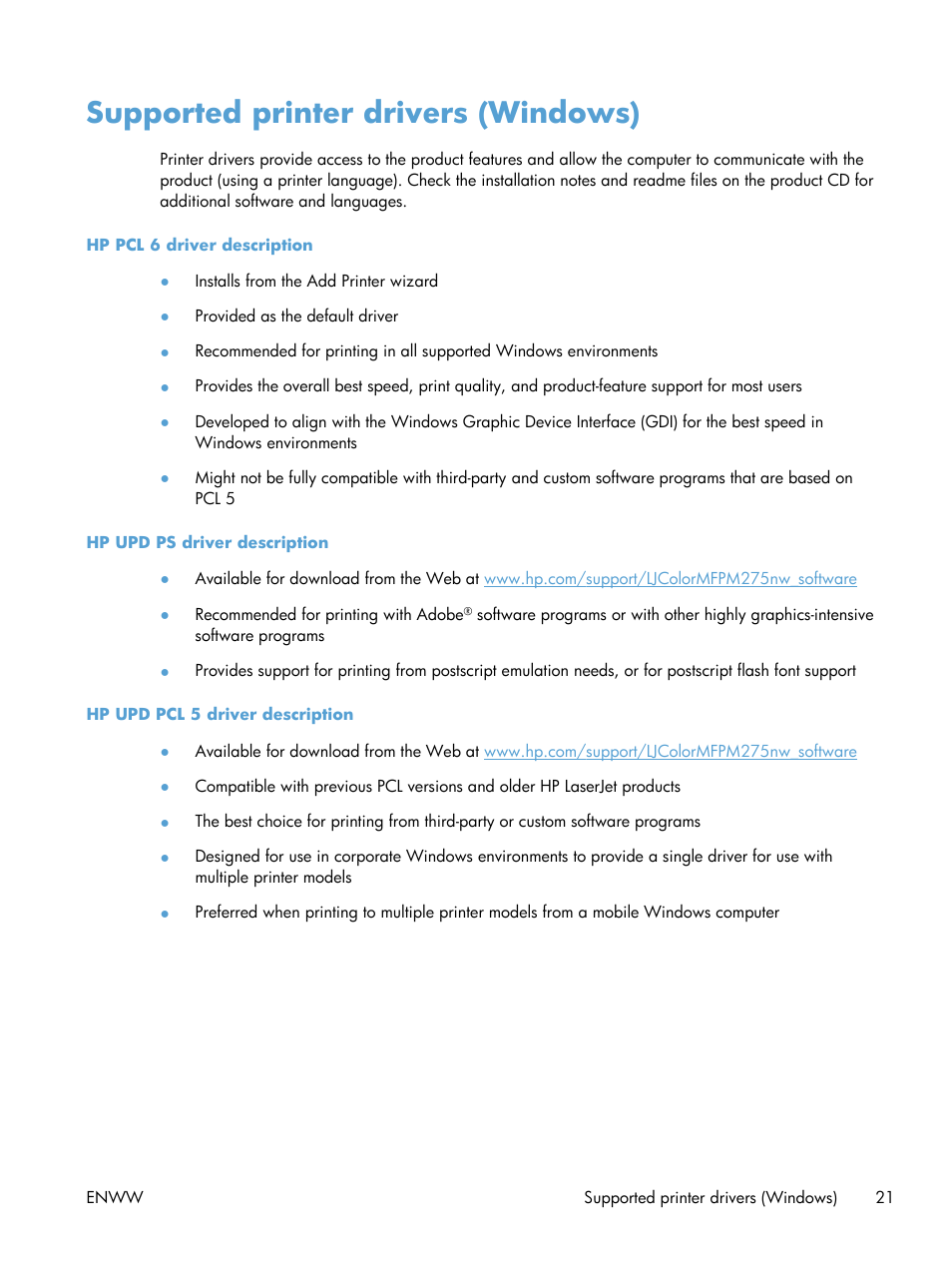 Supported printer drivers (windows) | HP TopShot LaserJet Pro M275 MFP User Manual | Page 31 / 206