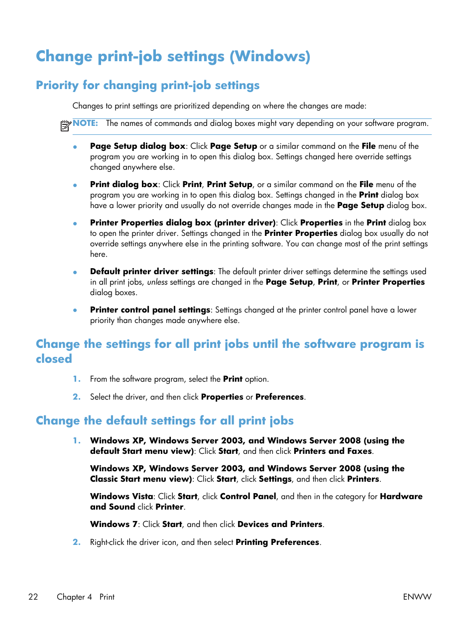 Change print-job settings (windows), Priority for changing print-job settings, Change the default settings for all print jobs | HP TopShot LaserJet Pro M275 MFP User Manual | Page 32 / 206