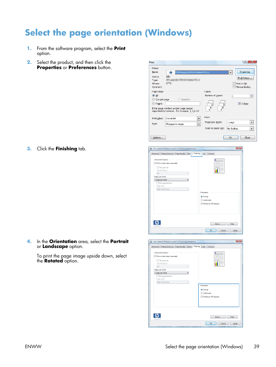 Select the page orientation (windows) | HP TopShot LaserJet Pro M275 MFP User Manual | Page 49 / 206