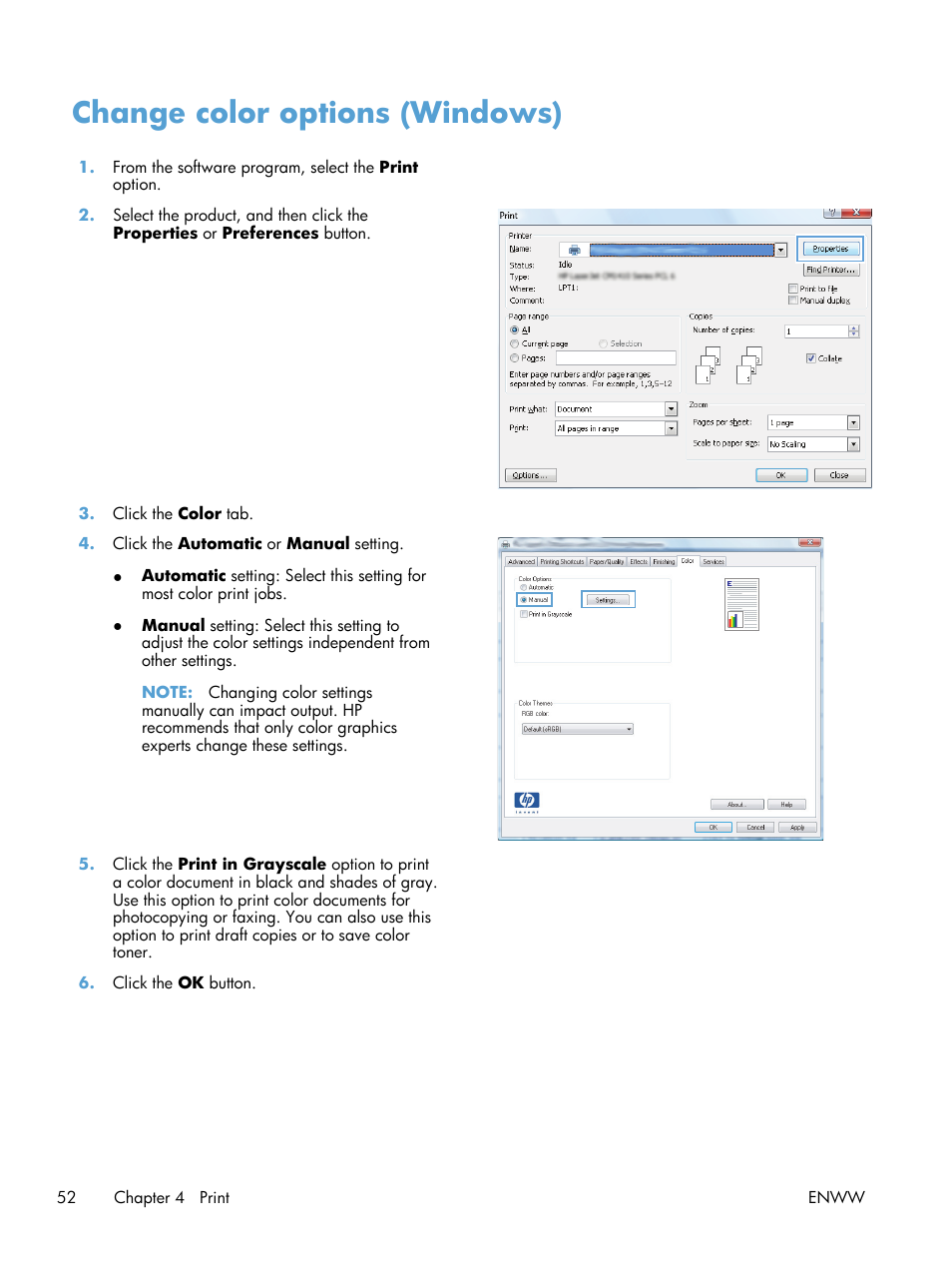 Change color options (windows) | HP TopShot LaserJet Pro M275 MFP User Manual | Page 62 / 206