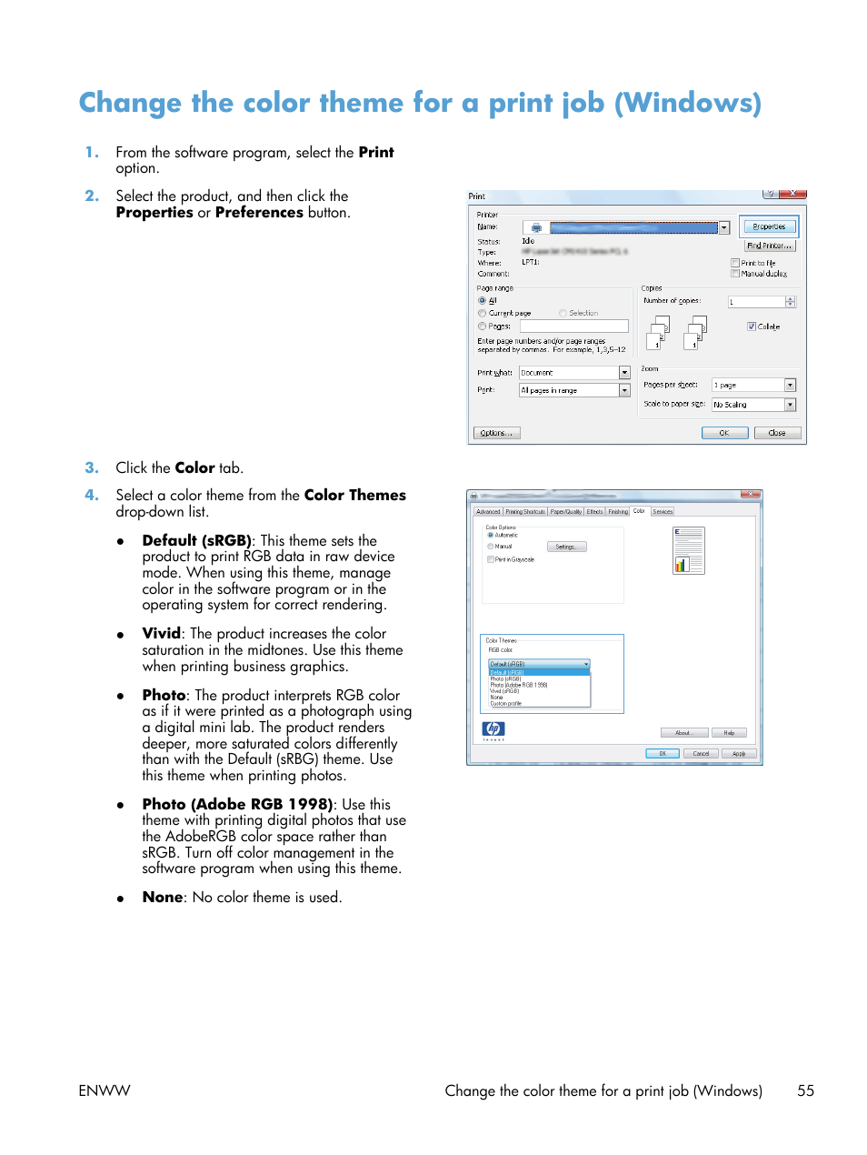 Change the color theme for a print job (windows) | HP TopShot LaserJet Pro M275 MFP User Manual | Page 65 / 206
