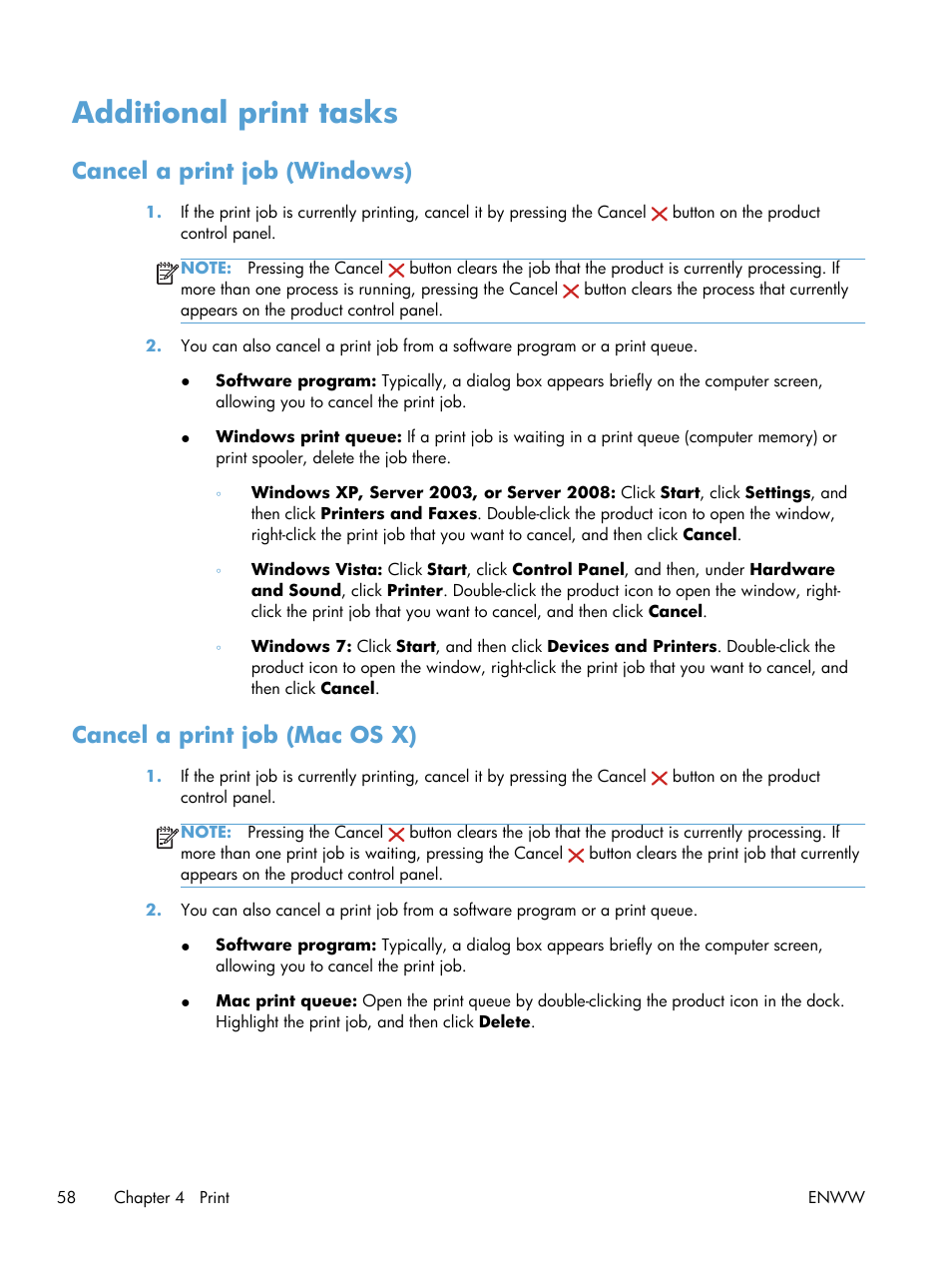 Additional print tasks, Cancel a print job (windows), Cancel a print job (mac os x) | HP TopShot LaserJet Pro M275 MFP User Manual | Page 68 / 206