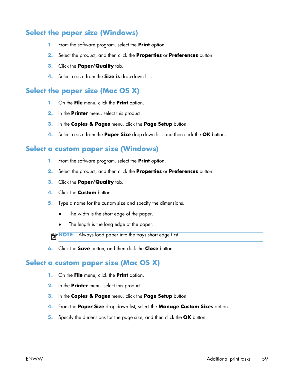 Select the paper size (windows), Select the paper size (mac os x), Select a custom paper size (windows) | Select a custom paper size (mac os x) | HP TopShot LaserJet Pro M275 MFP User Manual | Page 69 / 206