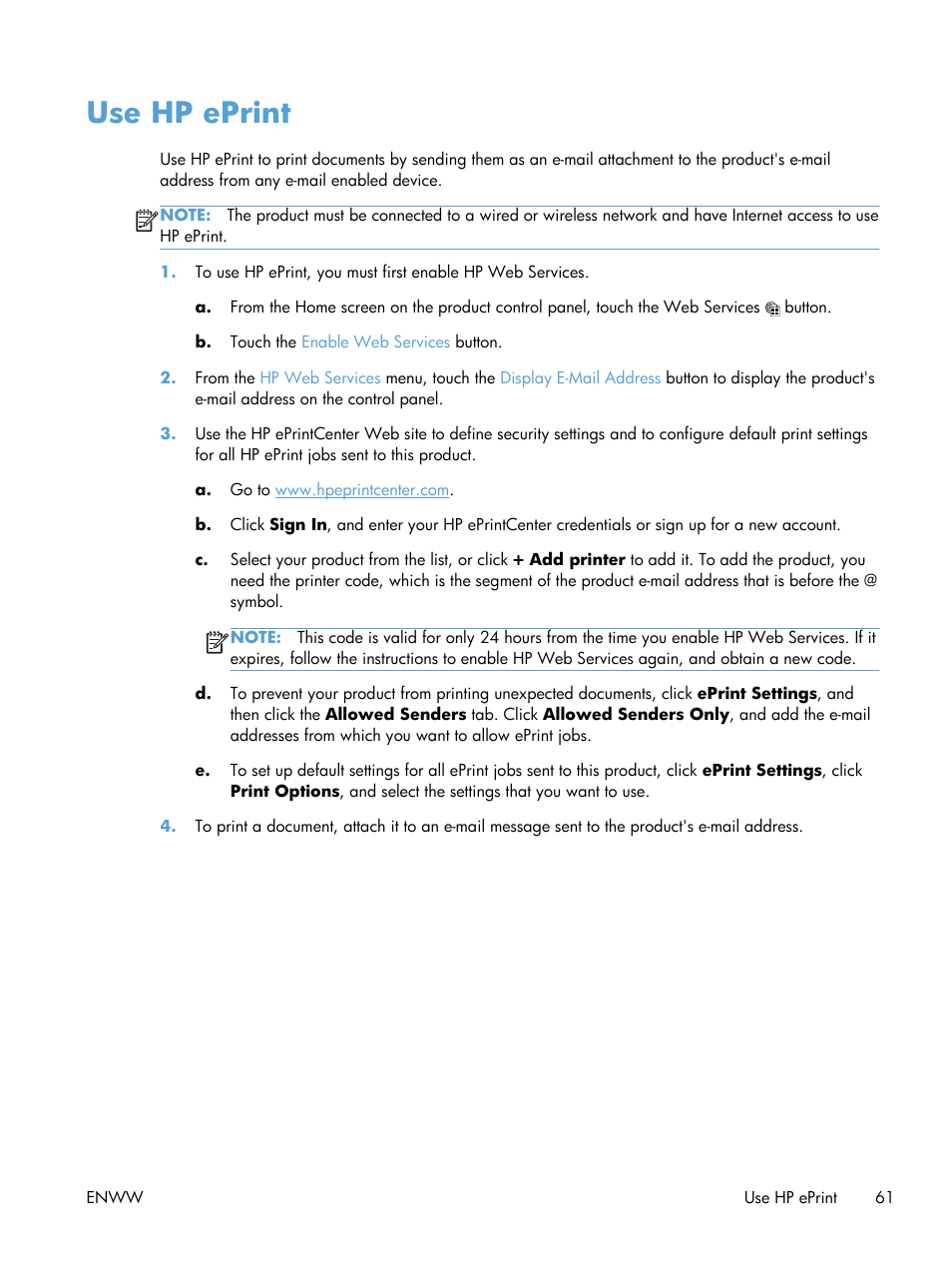 Use hp eprint | HP TopShot LaserJet Pro M275 MFP User Manual | Page 71 / 206