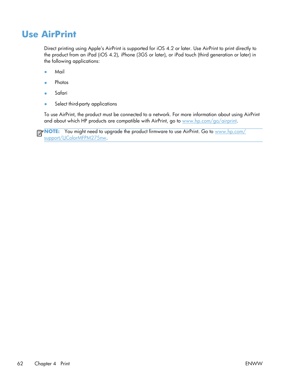 Use airprint | HP TopShot LaserJet Pro M275 MFP User Manual | Page 72 / 206