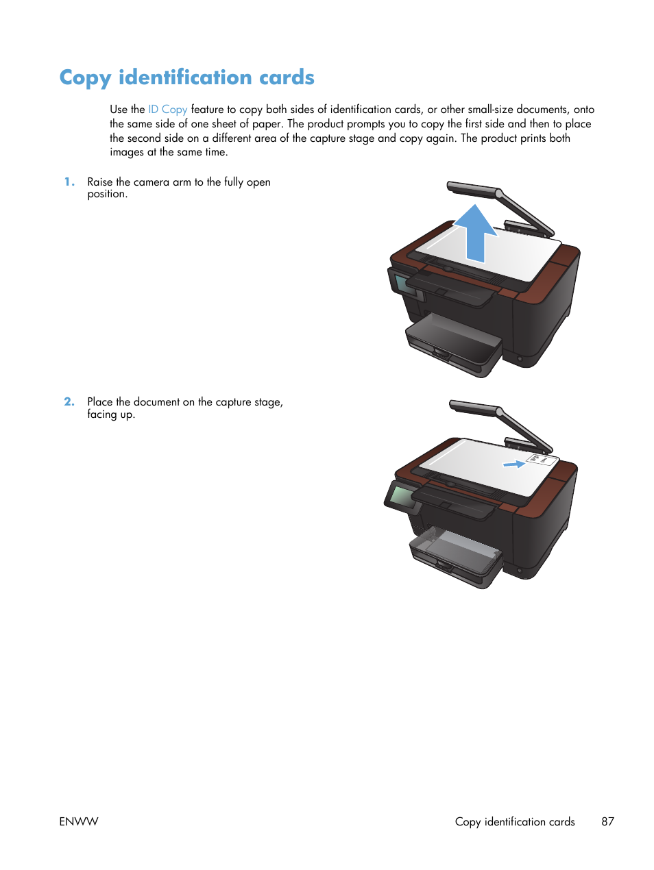 Copy identification cards | HP TopShot LaserJet Pro M275 MFP User Manual | Page 97 / 206