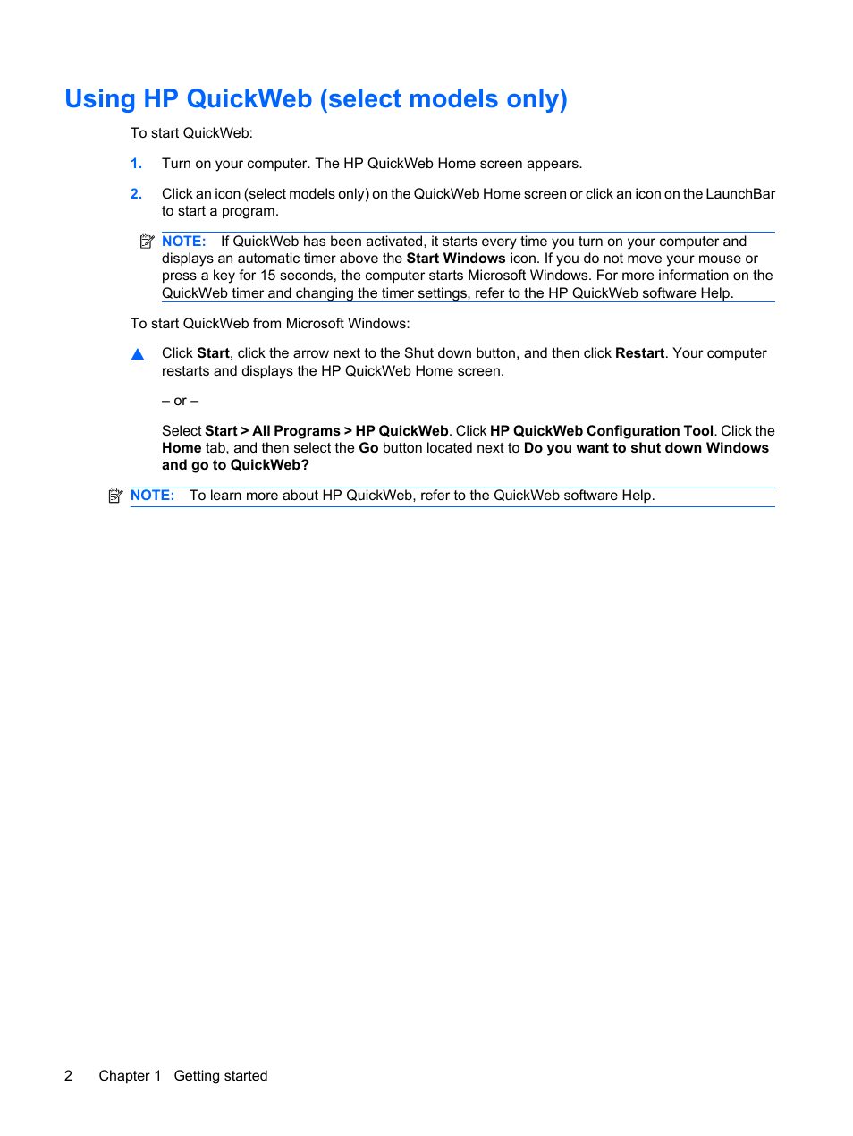 Using hp quickweb (select models only) | HP Mini 210-1121TU PC User Manual | Page 10 / 92