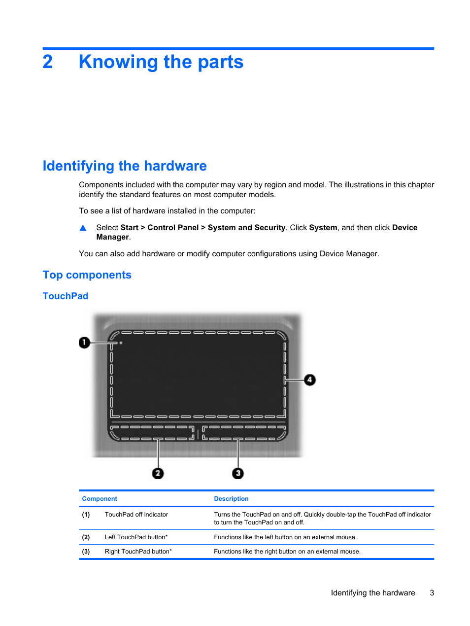 Knowing the parts, Identifying the hardware, Top components | Touchpad, 2 knowing the parts, 2knowing the parts | HP Mini 210-1121TU PC User Manual | Page 11 / 92