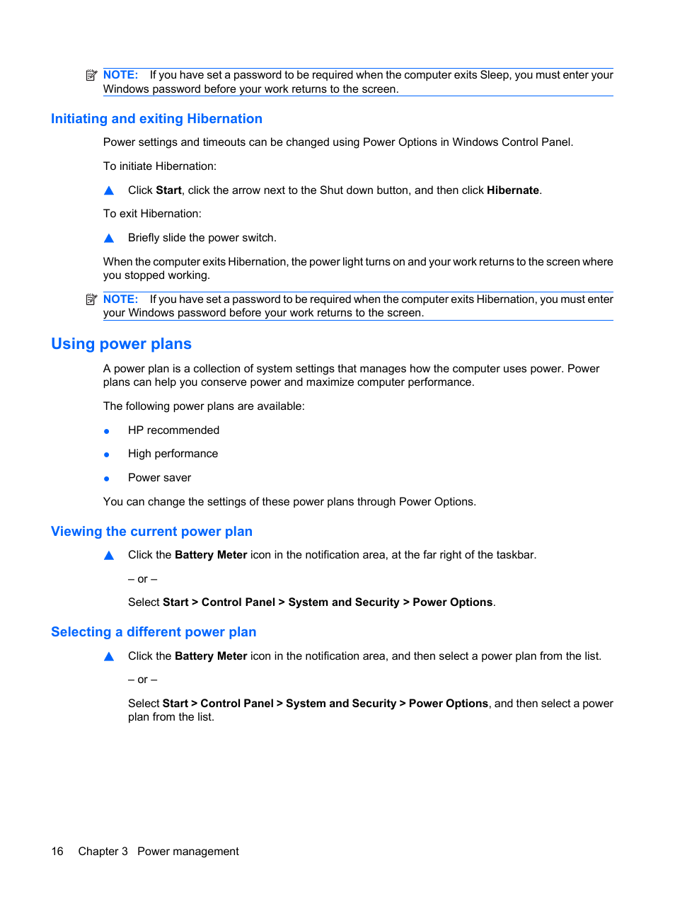 Initiating and exiting hibernation, Using power plans, Viewing the current power plan | Selecting a different power plan | HP Mini 210-1121TU PC User Manual | Page 24 / 92