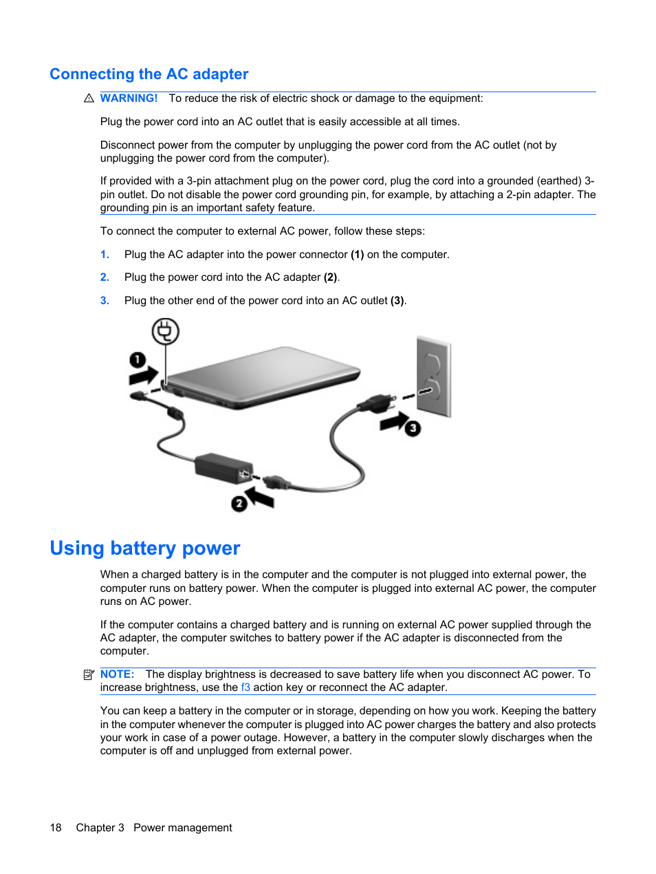 Connecting the ac adapter, Using battery power | HP Mini 210-1121TU PC User Manual | Page 26 / 92
