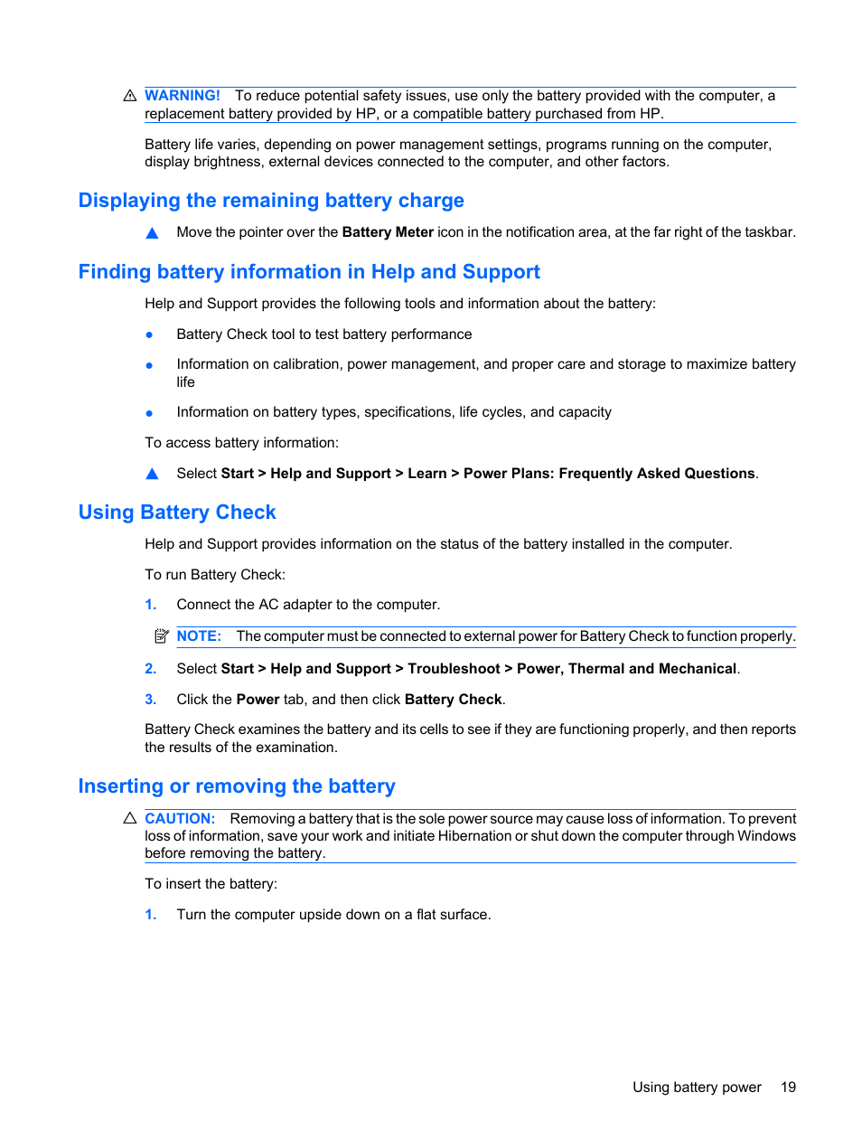 Displaying the remaining battery charge, Finding battery information in help and support, Using battery check | Inserting or removing the battery | HP Mini 210-1121TU PC User Manual | Page 27 / 92