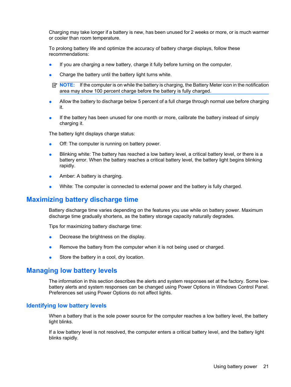 Maximizing battery discharge time, Managing low battery levels, Identifying low battery levels | HP Mini 210-1121TU PC User Manual | Page 29 / 92