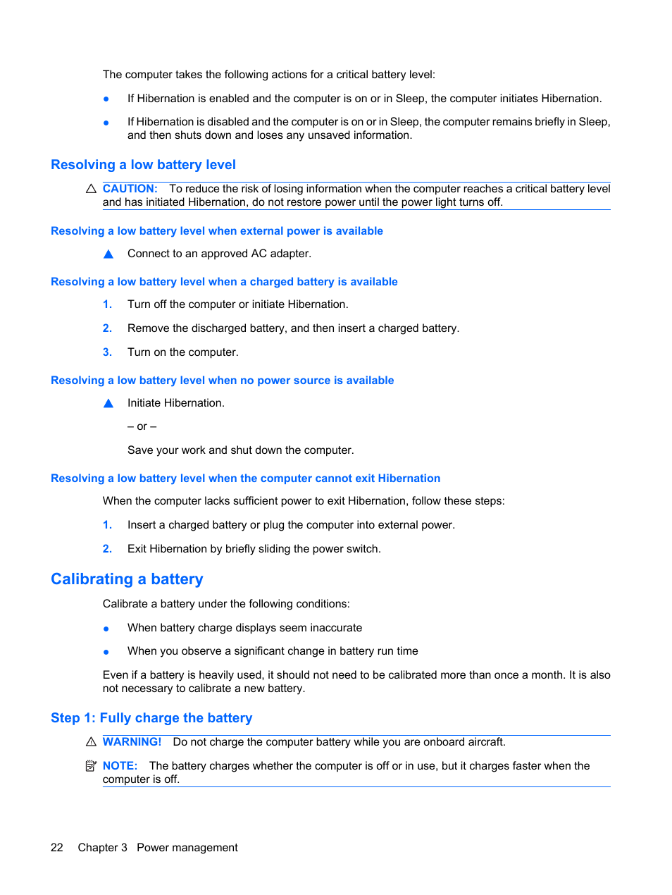 Resolving a low battery level, Calibrating a battery, Step 1: fully charge the battery | HP Mini 210-1121TU PC User Manual | Page 30 / 92