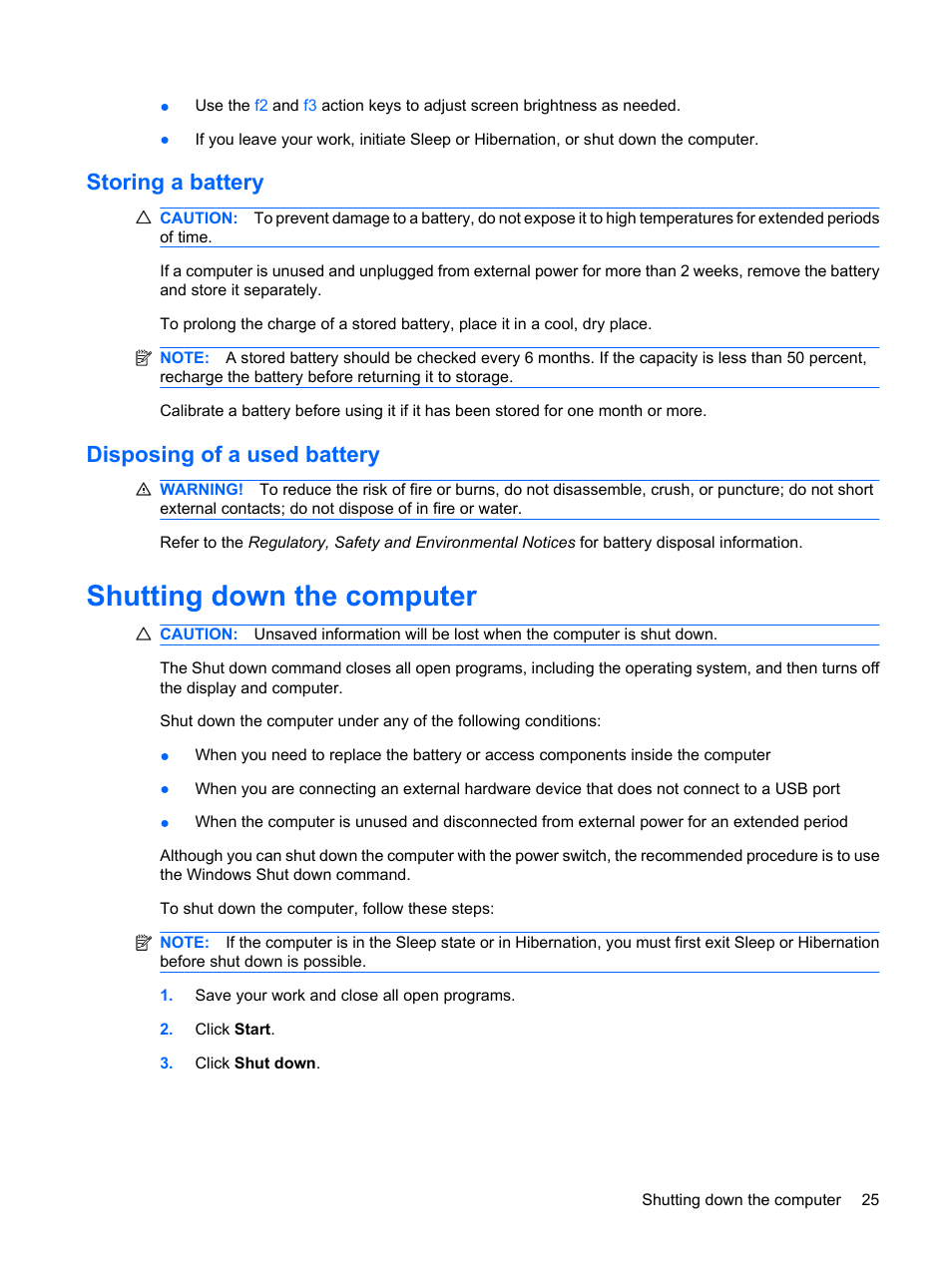 Storing a battery, Disposing of a used battery, Shutting down the computer | Storing a battery disposing of a used battery | HP Mini 210-1121TU PC User Manual | Page 33 / 92