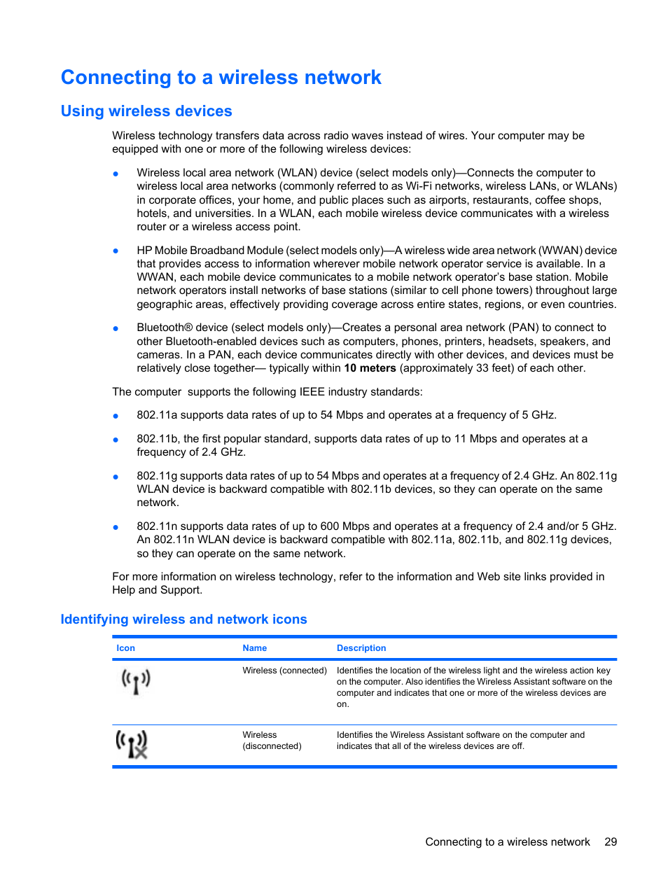 Connecting to a wireless network, Using wireless devices, Identifying wireless and network icons | HP Mini 210-1121TU PC User Manual | Page 37 / 92