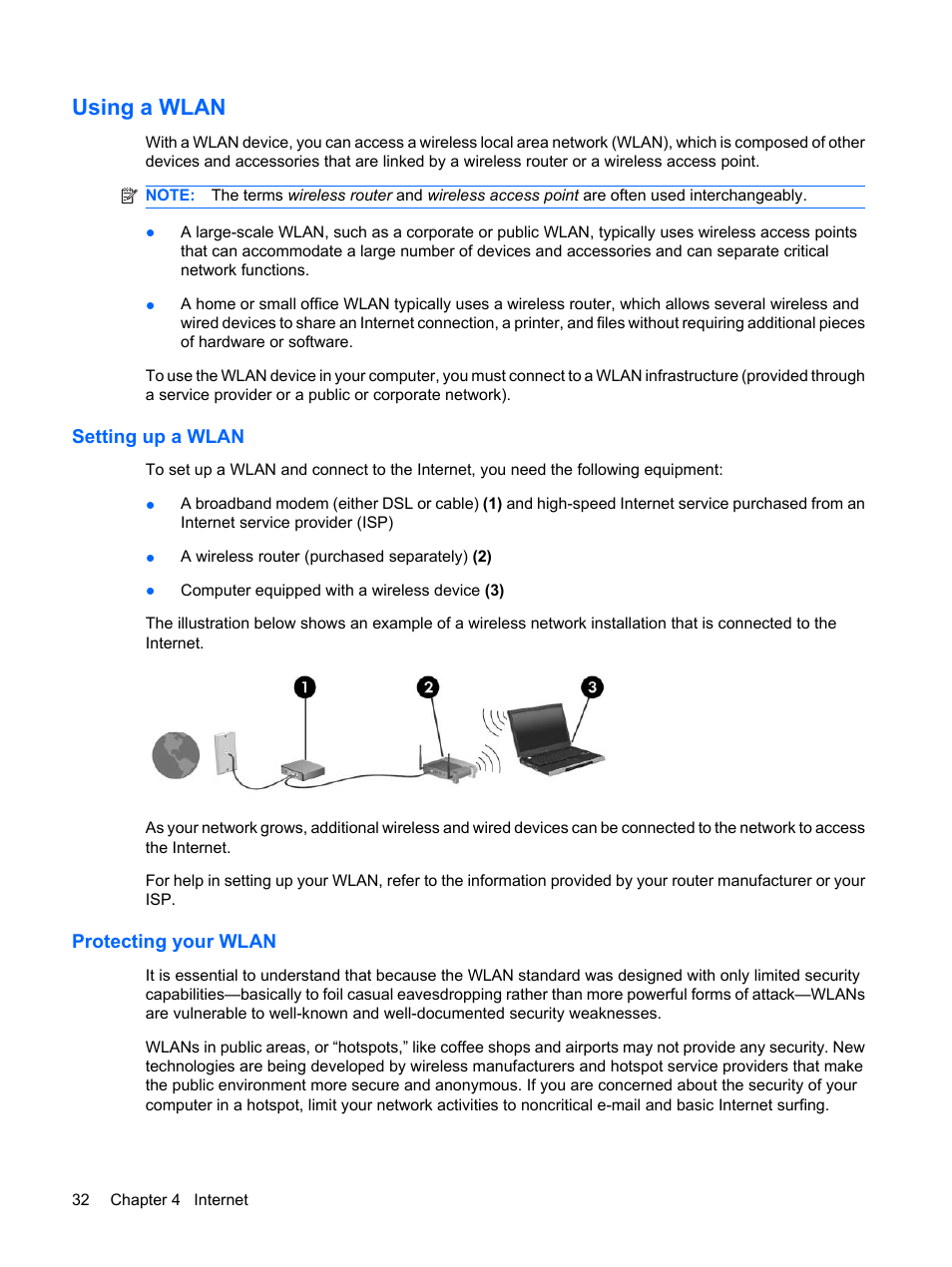 Using a wlan, Setting up a wlan, Protecting your wlan | Setting up a wlan protecting your wlan | HP Mini 210-1121TU PC User Manual | Page 40 / 92