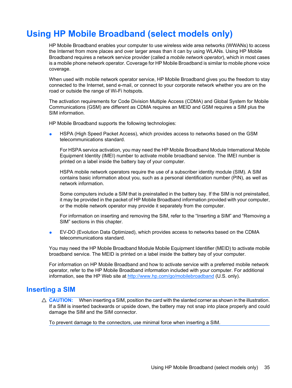 Using hp mobile broadband (select models only), Inserting a sim | HP Mini 210-1121TU PC User Manual | Page 43 / 92