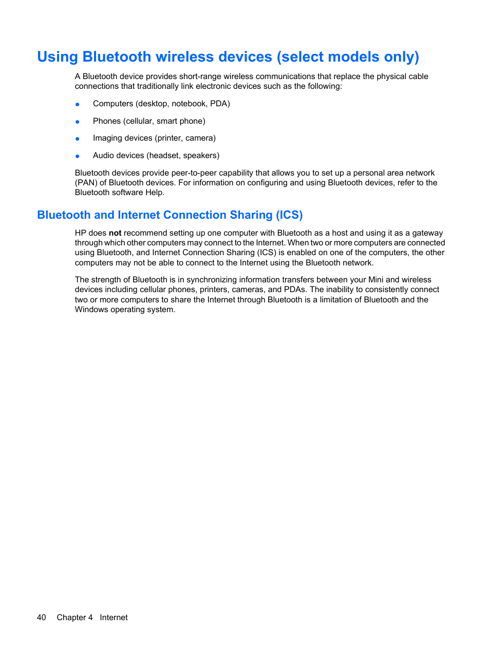 Bluetooth and internet connection sharing (ics) | HP Mini 210-1121TU PC User Manual | Page 48 / 92