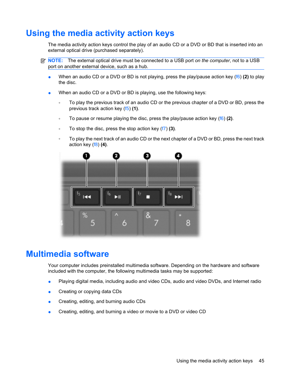 Using the media activity action keys, Multimedia software | HP Mini 210-1121TU PC User Manual | Page 53 / 92