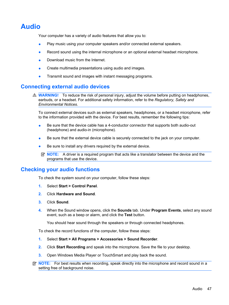 Audio, Connecting external audio devices, Checking your audio functions | HP Mini 210-1121TU PC User Manual | Page 55 / 92