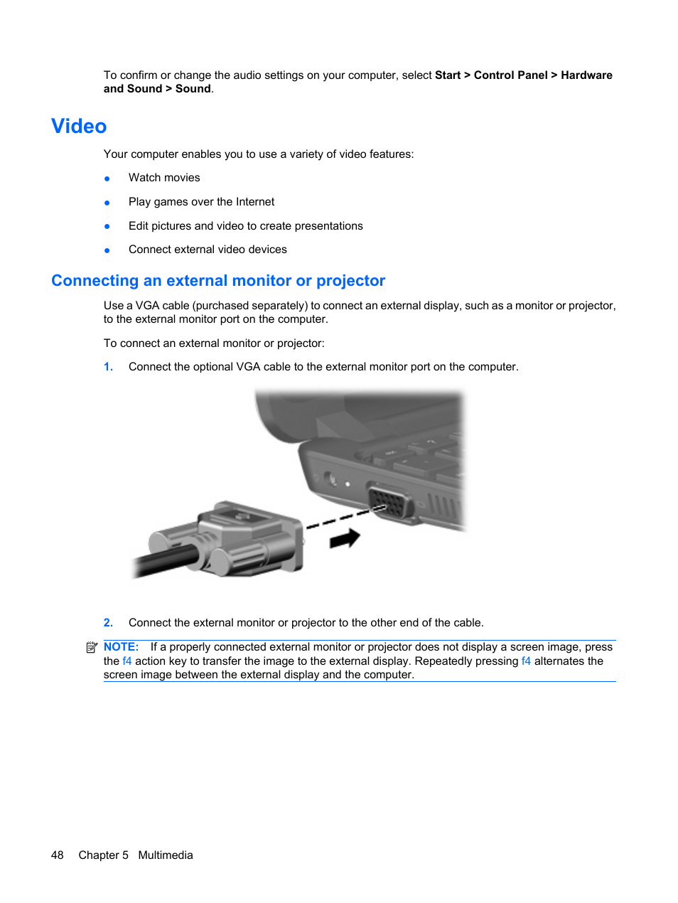 Video, Connecting an external monitor or projector | HP Mini 210-1121TU PC User Manual | Page 56 / 92