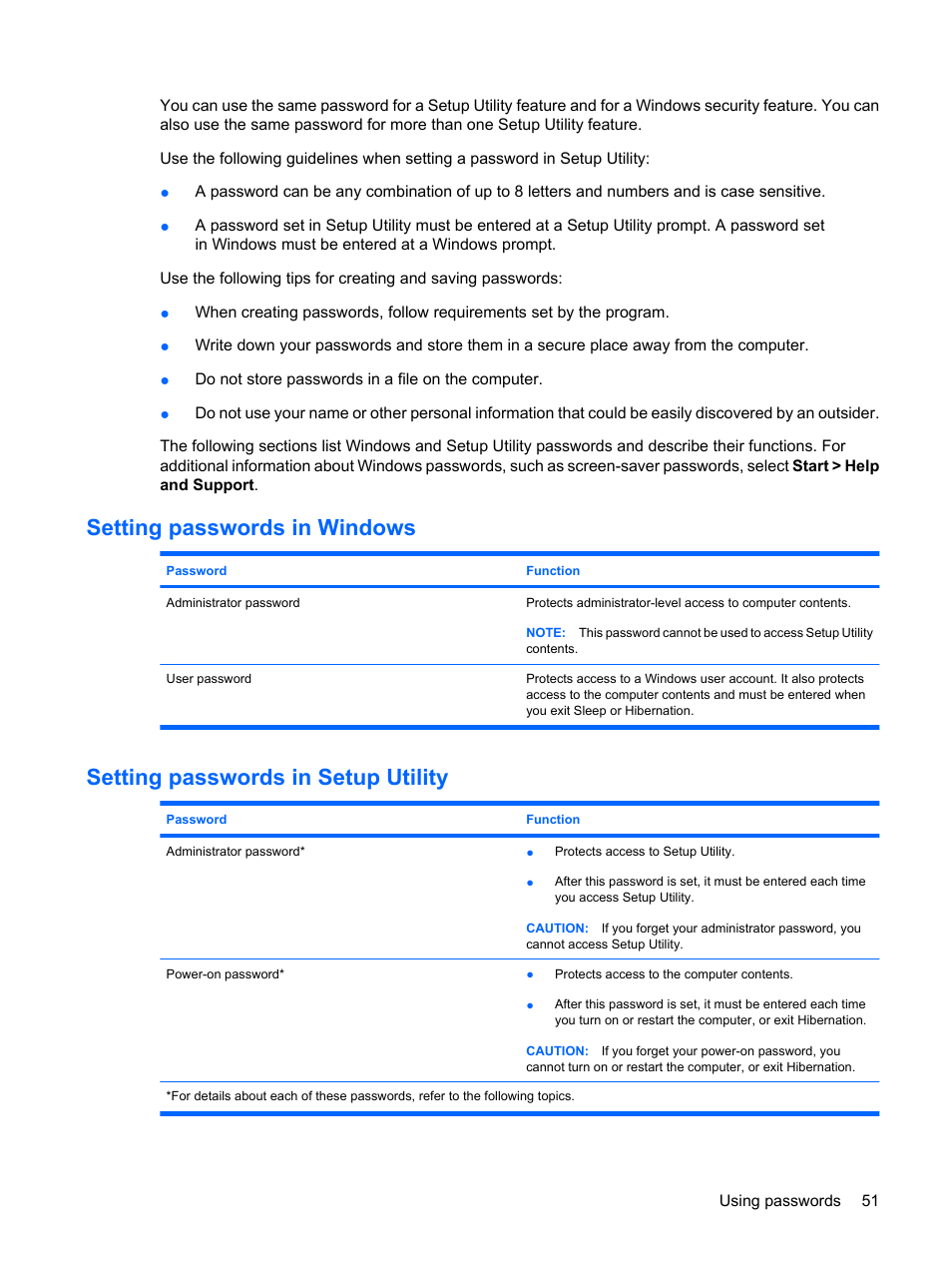 Setting passwords in windows, Setting passwords in setup utility | HP Mini 210-1121TU PC User Manual | Page 59 / 92