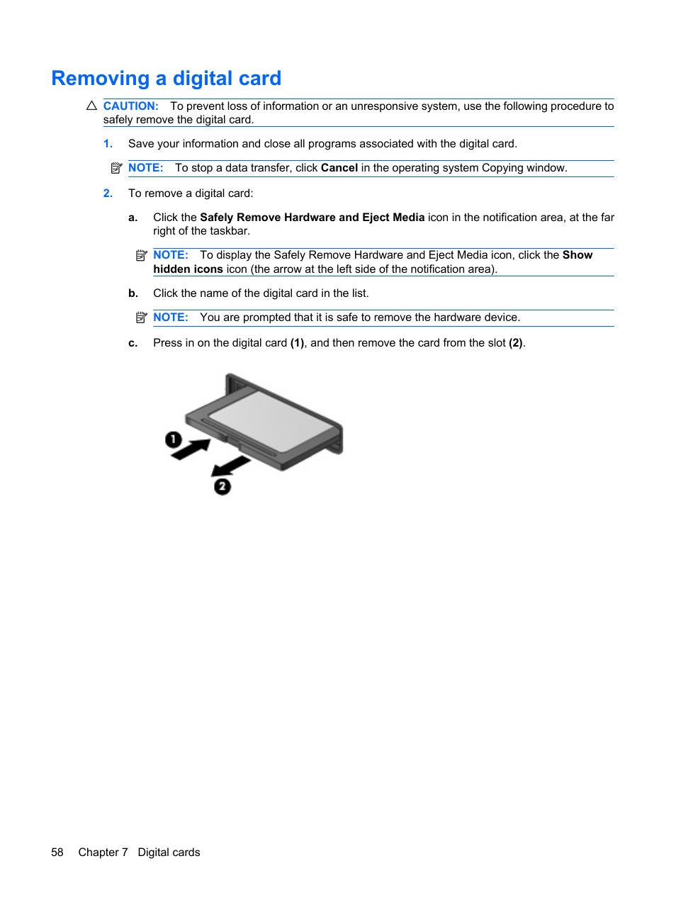 Removing a digital card | HP Mini 210-1121TU PC User Manual | Page 66 / 92