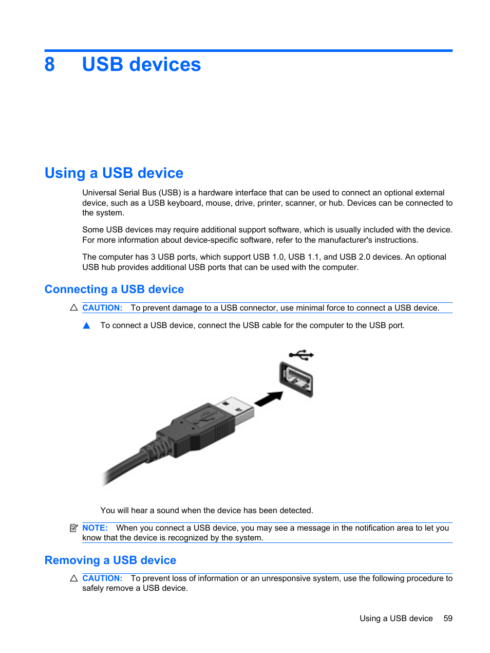 Usb devices, Using a usb device, Connecting a usb device | Removing a usb device, 8 usb devices, Connecting a usb device removing a usb device, 8usb devices | HP Mini 210-1121TU PC User Manual | Page 67 / 92