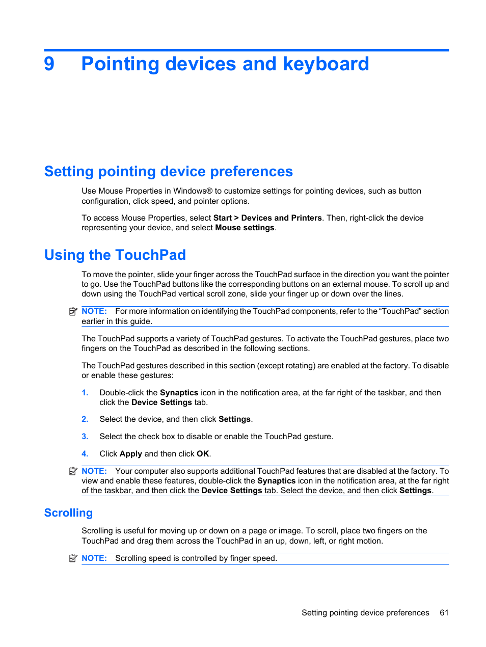 Pointing devices and keyboard, Setting pointing device preferences, Using the touchpad | Scrolling, 9 pointing devices and keyboard, 9pointing devices and keyboard | HP Mini 210-1121TU PC User Manual | Page 69 / 92