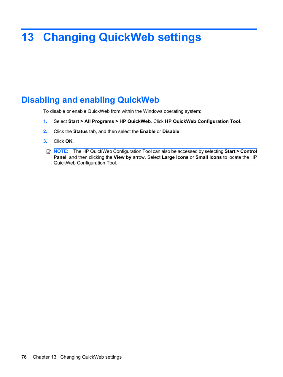 Changing quickweb settings, Disabling and enabling quickweb, 13 changing quickweb settings | HP Mini 210-1121TU PC User Manual | Page 84 / 92