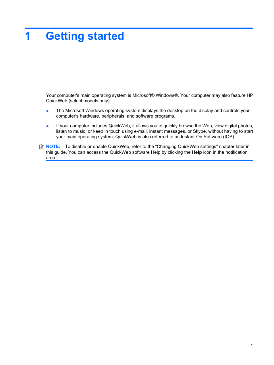 Getting started, 1 getting started, 1getting started | HP Mini 210-1121TU PC User Manual | Page 9 / 92