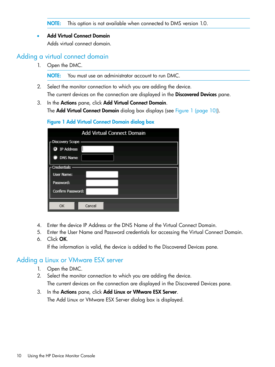 Adding a virtual connect domain, Adding a linux or vmware esx server | HP OneView for Microsoft System Center User Manual | Page 10 / 34