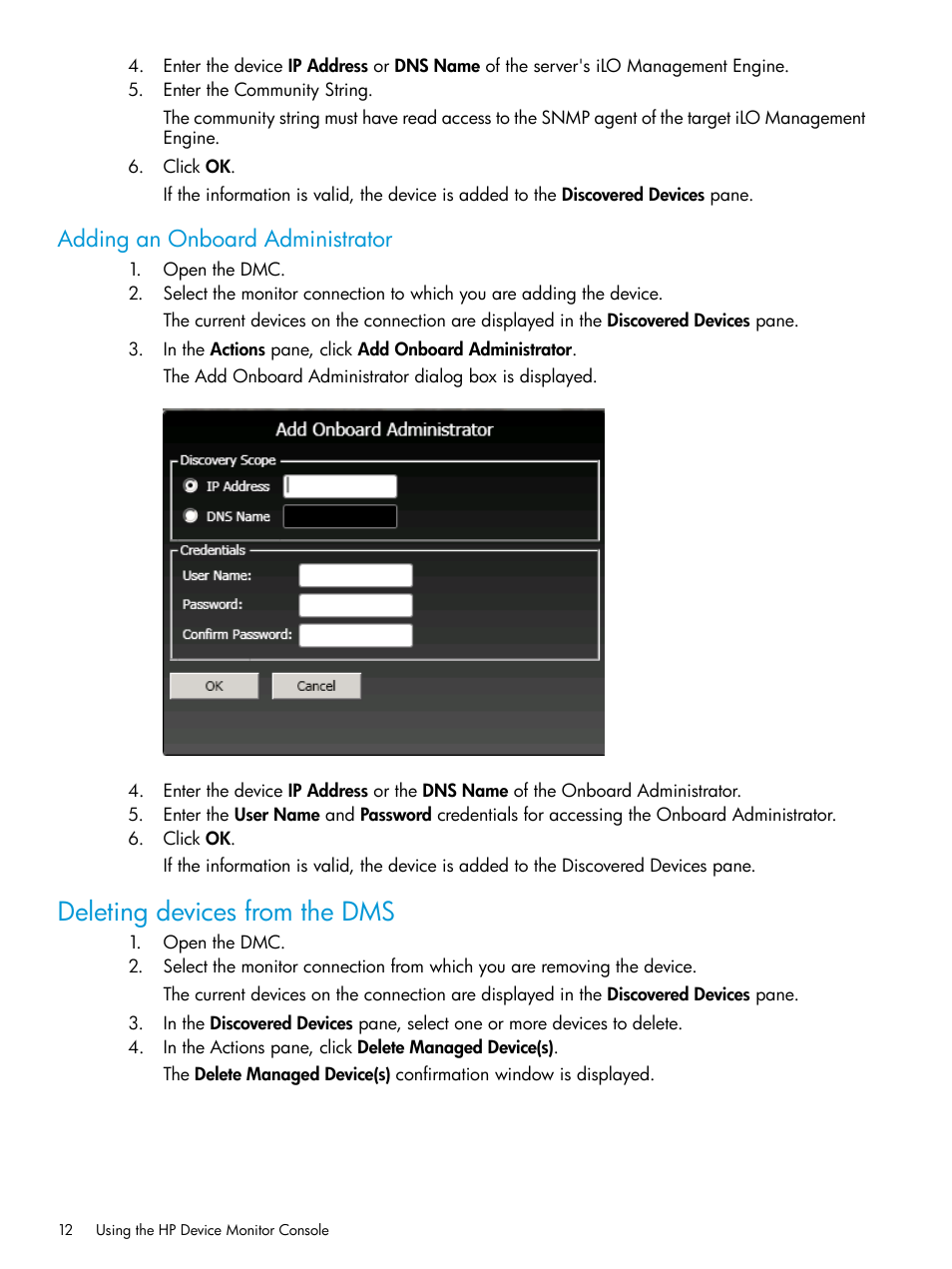 Adding an onboard administrator, Deleting devices from the dms | HP OneView for Microsoft System Center User Manual | Page 12 / 34