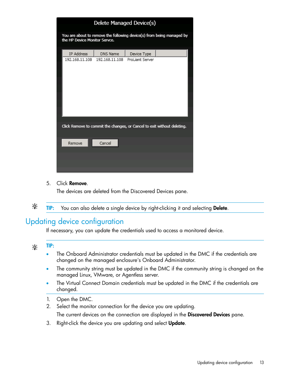 Updating device configuration | HP OneView for Microsoft System Center User Manual | Page 13 / 34