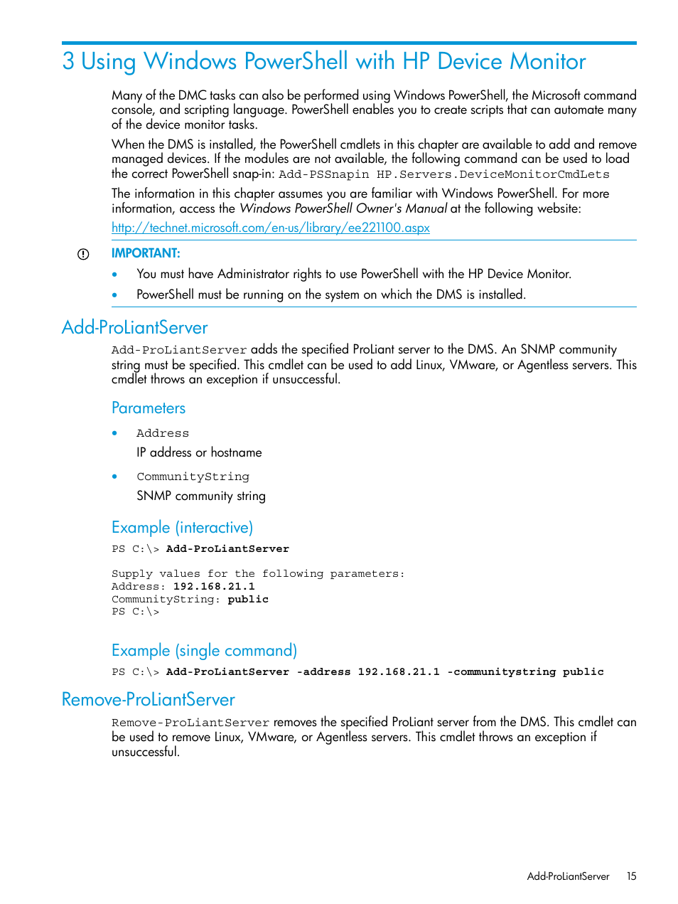 3 using windows powershell with hp device monitor, Add-proliantserver, Remove-proliantserver | Add-proliantserver remove-proliantserver, Parameters, Example (interactive), Example (single command) | HP OneView for Microsoft System Center User Manual | Page 15 / 34