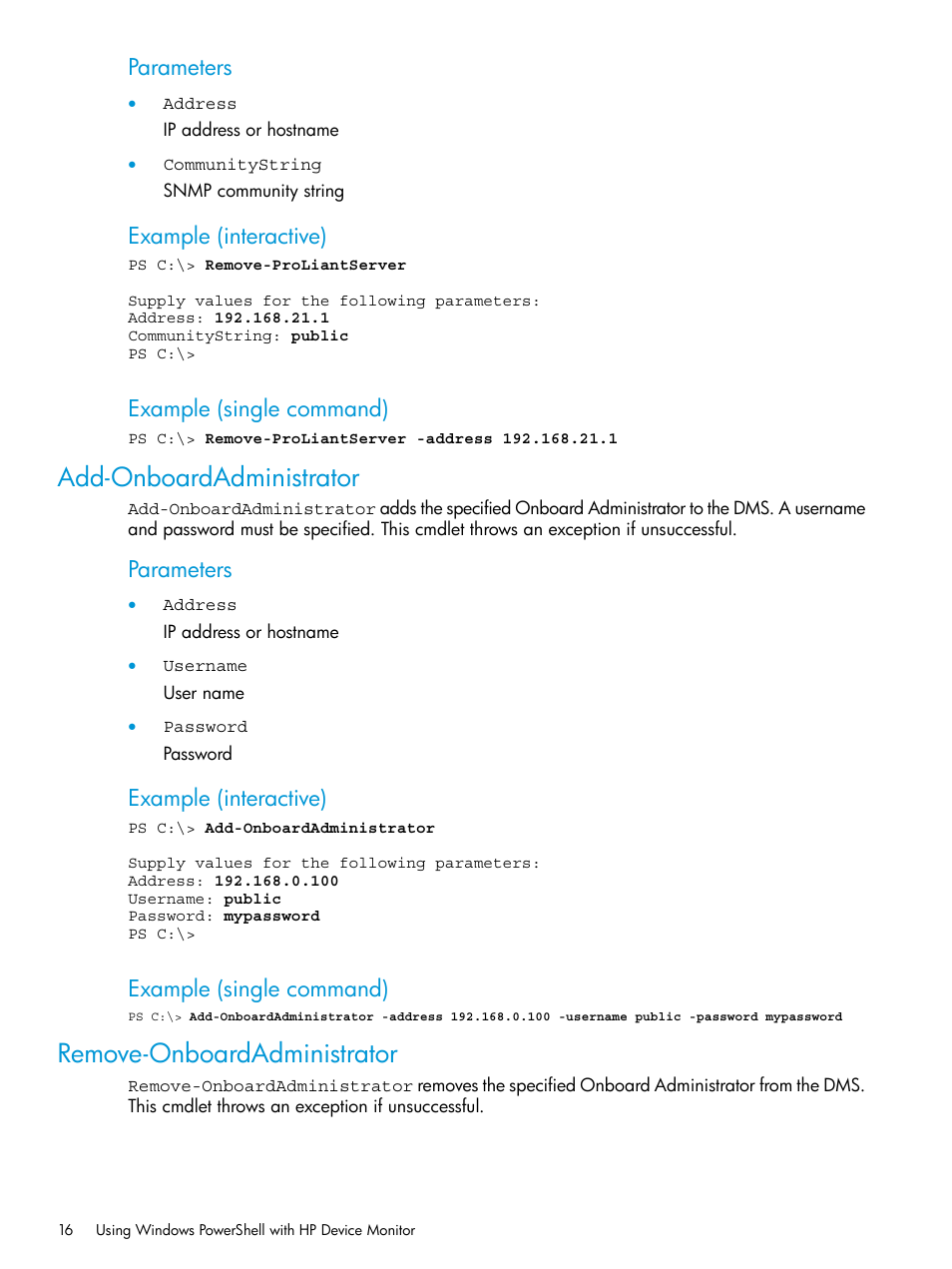 Add-onboardadministrator, Remove-onboardadministrator, Parameters | Example (interactive), Example (single command) | HP OneView for Microsoft System Center User Manual | Page 16 / 34