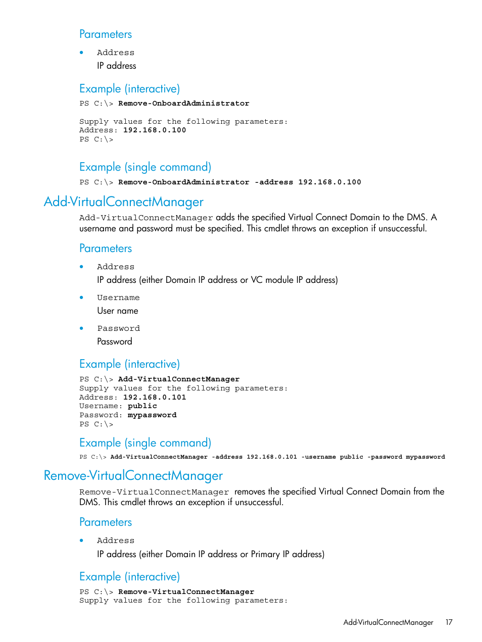 Add-virtualconnectmanager, Remove-virtualconnectmanager, Parameters | Example (interactive), Example (single command) | HP OneView for Microsoft System Center User Manual | Page 17 / 34